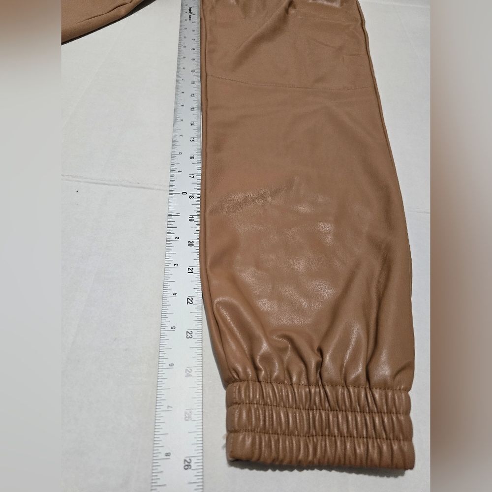 NWT Zara Drawstring Faux Leather Joggers  In Tan Size Xs - Picture 4 of 12